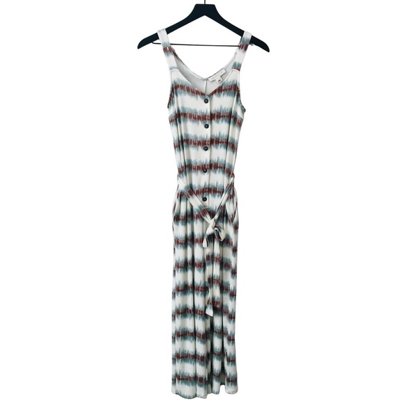 New! Monteau Bohemian Tie Dye Stripes Wide Leg Cropped Tie Waist Belt Jumpsuit - Picture 1 of 9